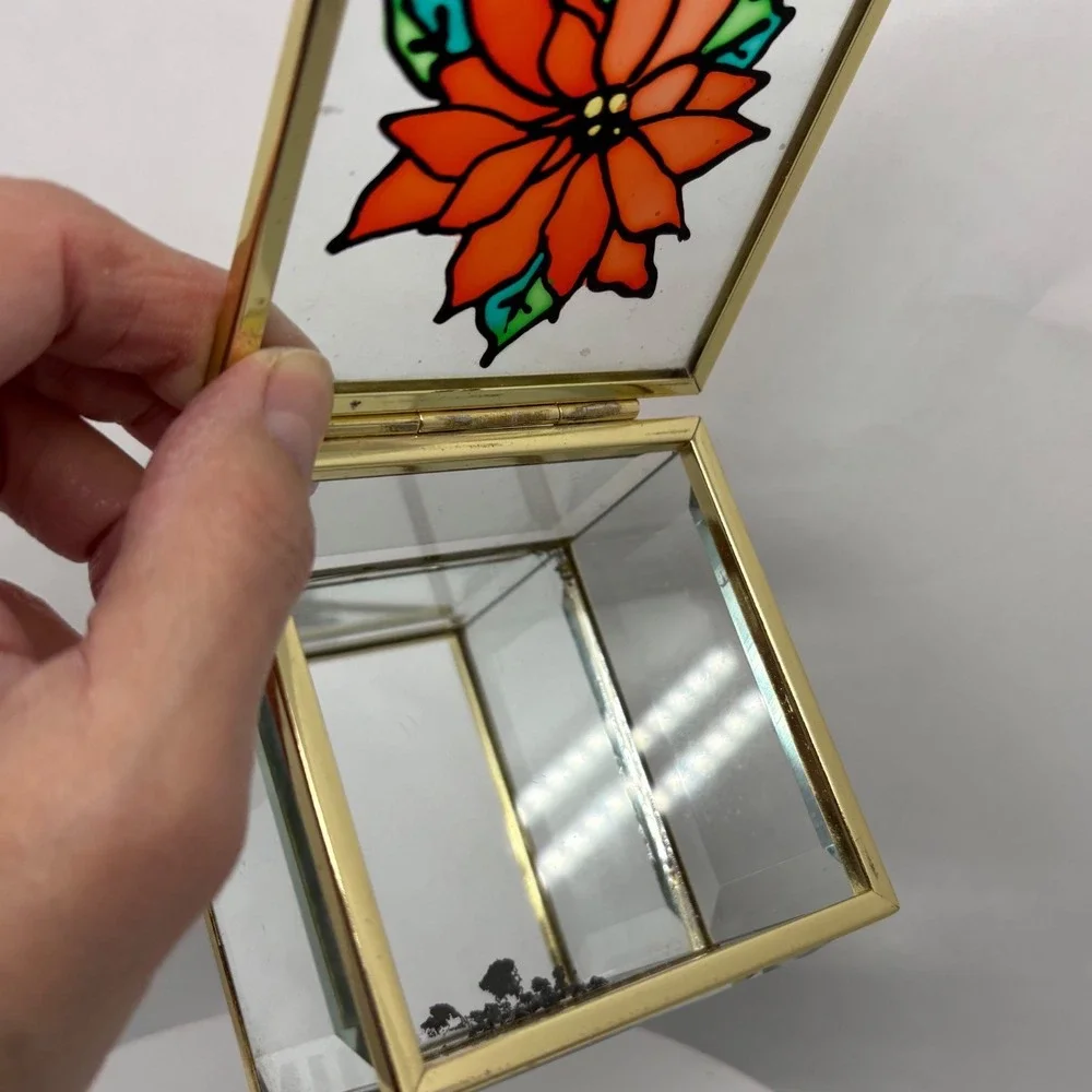 Vtg Glass Jewelry Box Poinsettia Stained Glass Hinged Keepsake Trinket Organizer